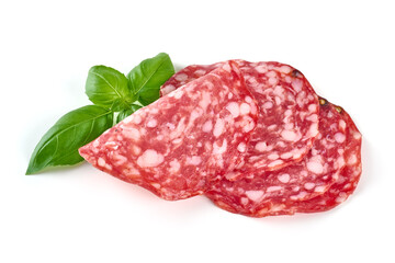 Italian Salami with basil leaves, isolated on white background.