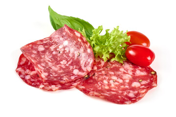 Italian Salami with basil leaves, isolated on white background.