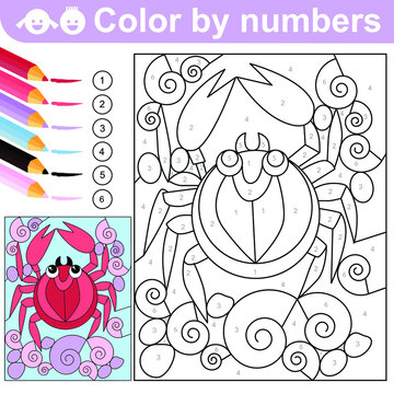 Color by Numbers. Crab in the sea. Coloring puzzle with numbers for kids. Crabs and shells in coloring page. Worksheet at school, home. Sketch. Vector. Printable page for kids