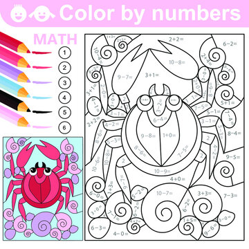 Color by numbers - addition and subtraction worksheet for education. Crab. Coloring book. Solve examples and paint crab, shells. Math exercises and developing counting learn. Printable page for kids.

