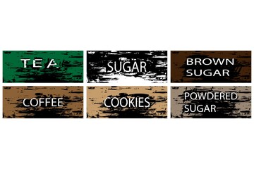 Labels kitchen. Kitchen design: tea, coffee,  sugar, powered sugar, brown sugar.