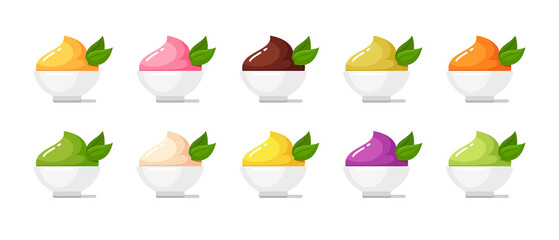 Ice cream, sauces, yogurts, puree and dips in white bowls. Vector cartoon set of baby food, mayonnaise, fruit yoghurts, chocolate mousse, wasabi, avocado dressing and creamy vanilla desserts