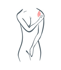 Body part pain. Woman feels pain in shoulder marked with red lines. Vector foci of pain or trauma symbols, grey art line illustration