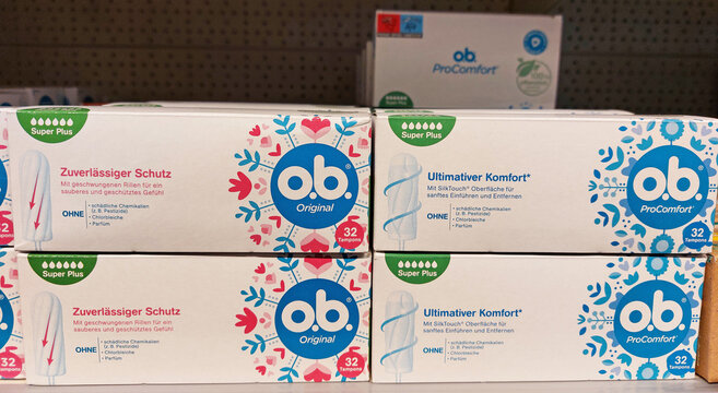 O.B. tampon boxes in a supermarket
