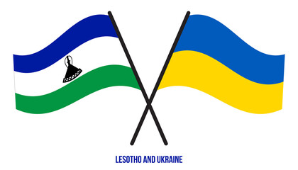 Lesotho and Ukraine Flags Crossed And Waving Flat Style. Official Proportion. Correct Colors.