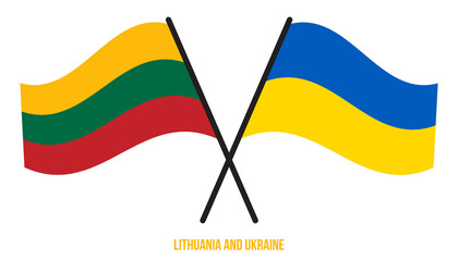 Lithuania and Ukraine Flags Crossed And Waving Flat Style. Official Proportion. Correct Colors.