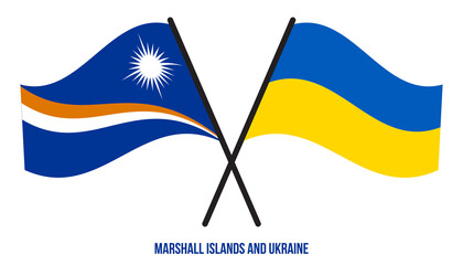 Marshall Islands and Ukraine Flags Crossed & Waving Flat Style. Official Proportion. Correct Colors.