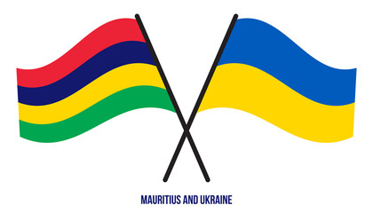 Mauritius and Ukraine Flags Crossed And Waving Flat Style. Official Proportion. Correct Colors.