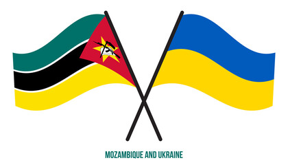 Mozambique and Ukraine Flags Crossed And Waving Flat Style. Official Proportion. Correct Colors.