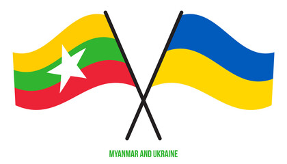 Myanmar and Ukraine Flags Crossed And Waving Flat Style. Official Proportion. Correct Colors.