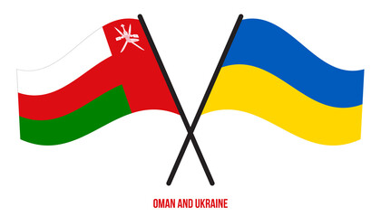 Oman and Ukraine Flags Crossed And Waving Flat Style. Official Proportion. Correct Colors.