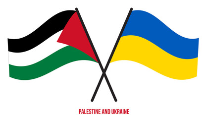 Palestine and Ukraine Flags Crossed And Waving Flat Style. Official Proportion. Correct Colors.