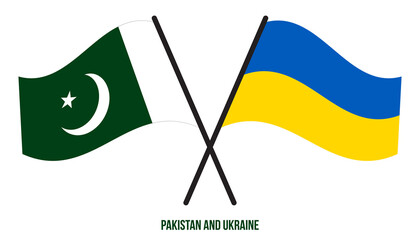 Pakistan and Ukraine Flags Crossed And Waving Flat Style. Official Proportion. Correct Colors.