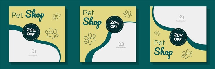 Pet shop social media post, banner set, animal care store business advertisement concept, pet grooming, paw marketing square ad, abstract print, isolated on background