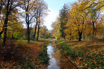 Autumn, fall time in Warsaw's Royal Baths Park. Warsaw, Poland.