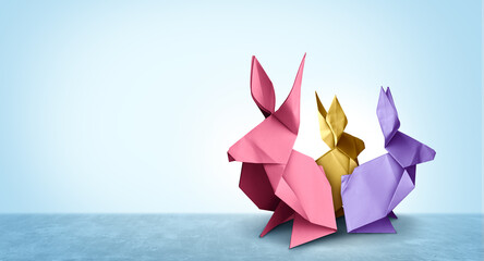Easter Bunnies season as paper bunny spring group or creative April festive seasonal arts and...