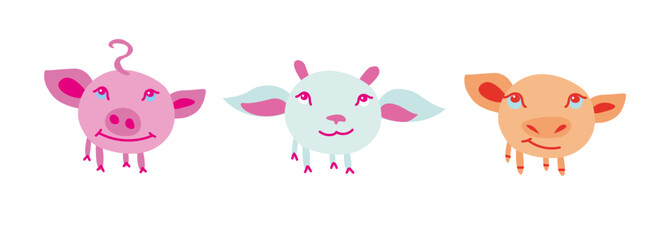 Vector illustration. A set with children's animal characters. Piglet, lamb and calf
