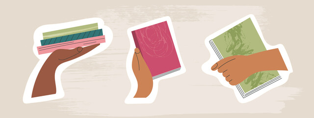 Set of hand giving book to exchange sharing, bookcrossing isolated flat cartoon vector illustration sticker. Student arm holding class textbook. Swap literature event, library day, bookshop festival