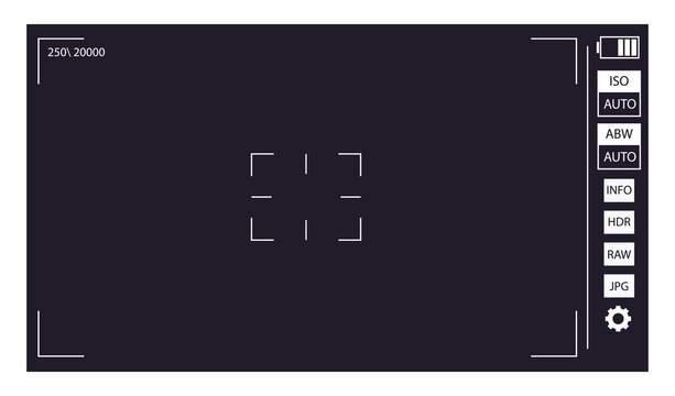 Camera viewfinder. Focusing screen recording. Black screen camera with video shooting parameters, photo quiality indicators. Digital zoom recording for modern vector bloggers