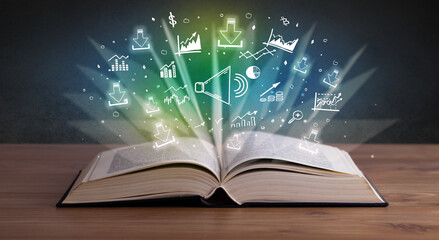 Open book with profit icons above