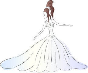 Beautiful bride girl wearing wedding dress isolated on white background. Vector illustration.