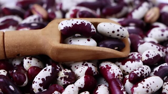  Red Anasazi Beans and wooden scoop. Spotted beans.Kidney beans.Haricot beans. Vegetarian food. Healthy protein food