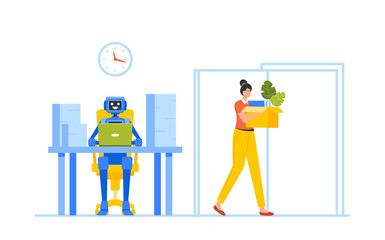 Artificial Intelligence Replace Human, Woman Lost Job Due to Robotics Technologies. Robot Sitting at Workplace Desk