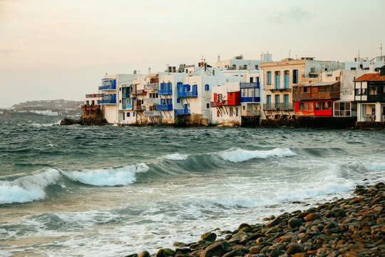 The Little Venice in Mykonos Island during sunset, Greece