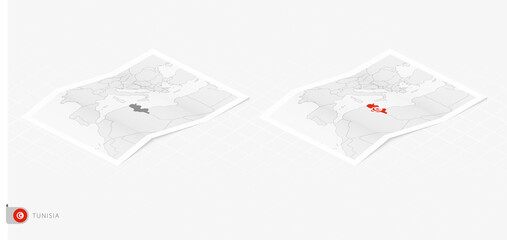 Set of two realistic map of Tunisia with shadow. The flag and map of Tunisia in isometric style.