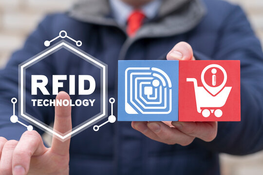 Concept of RFID - Radio Frequency Identification. RFID tag security shopping technology.