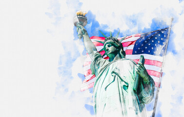Watercolor painting illustration of Statue of Liberty with a large american flag and New York skyline in the background