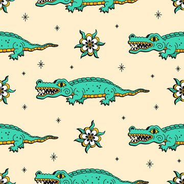 Crocodile and flowers retro style seamless pattern .Vector cartoon graphic illustration wallpaper background design.Crocodile,alligator,flower,old school traditional tattoo, print seamless pattern art