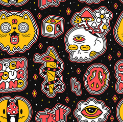 Funny crazy psychedelic seamless pattern. Vector cartoon illustration wallpaper background design. Psychedelic,groovy,trippy,lsd acid,magic mushrooms print for seamless pattern concept