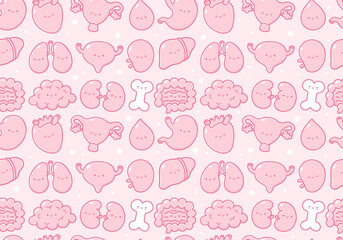 Cute human organs character seamless pattern. Vector line cartoon kawaii character illustration icon.Bone,stomach,heart,uterus,blood,liver,lungs,bladder,splee,intestine,kidneys seamless pattern