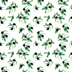 Obraz na płótnie Canvas Watercolor olive branches seamless pattern on white background. Hand drawn watercolor illustration. Design for covers, packaging, textile and wallpapers. Draw of black olives on olive tree twig.