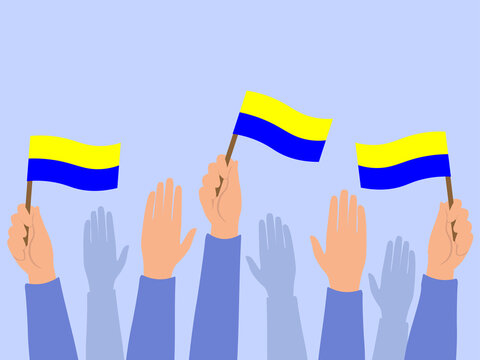 Hands raised up with national flags. The concept of the struggle for peace in Ukraine. Vector graphics. - Powered by Adobe