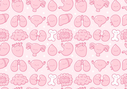 Cute human organs character seamless pattern. Vector line cartoon kawaii character illustration icon.Bone,stomach,heart,uterus,blood,liver,lungs,bladder,splee,intestine,kidneys seamless pattern