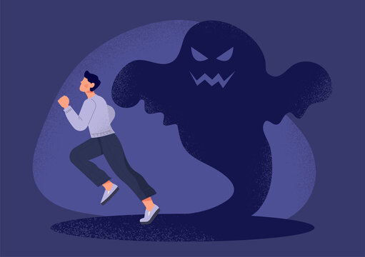 Symbolizes fear concept. Man runs away from imaginary shadow, terrible fantasy. Mental problems, phobias and fears. Character running in panic, poster or banner. Cartoon flat vector illustration