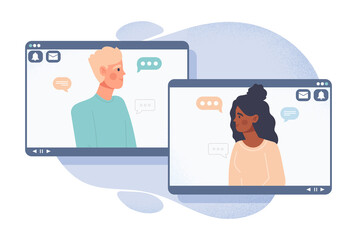 Video call or conference. Girl and guy communicate remotely, friends or family, romantic date. Social networks, communication app, workshop and remote employees. Cartoon flat vector illustration