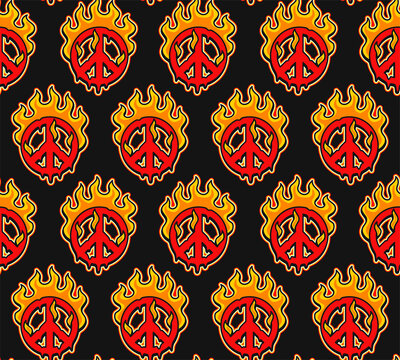 Peace symbol burn in fire seamless pattern .Vector cartoon graphic illustration wallpaper background design.Trippy psychdelic peace,fire print seamless pattern