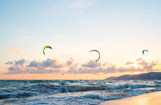 Kite board on sunset sky kitesurf silhouette