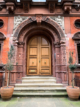 LONDON, ENGLAND. Caxton Hall entrance in St. James’s park area in central London. Red brick and pink sandstone building. Churchill gave press conference there. Celebrity’s wedding venue