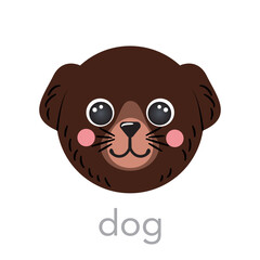 Dog Cute portrait with name text smile bown head cartoon round shape animal face, isolated vector icon illustrations on white background. Flat drawn for kids poster, cards, t-shirts, baby clothes