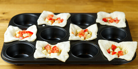 pastry stuffed in a baking dish. close up