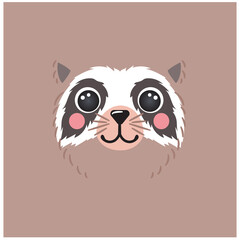 Cute Raccoon portrait square smile head cartoon round shape animal face, isolated mascot character vector icon illustration. Flat simple hand drawn for kids poster, cards, t-shirts, baby clothes