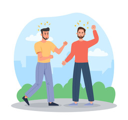 Men fight on street. Aggressive characters, guy punches another in face. Conflict and discontent. Unacceptable behavior in society, hooliganism and criminal. Cartoon flat vector illustration