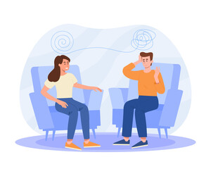 Therapist and patient. Man came to session with psychologist, internal problems. Specialist helps to unravel tangle of thoughts, taking care of mental health. Cartoon flat vector illustration