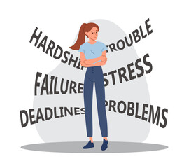 Woman worried problems. Girl on background of signs with mental troubles. Stress, panic and discomfort, depression and self doubt. Subconscious fears and complexes. Cartoon flat vector illustration