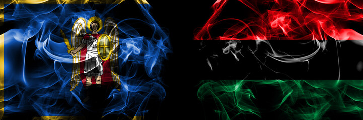 Kyiv, Kiev vs Organizations, Pan african, UNIA flag. Smoke flags placed side by side isolated on black background. - obrazy, fototapety, plakaty
