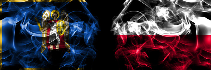 Kyiv, Kiev vs Poland, Polish, Pole flag. Smoke flags placed side by side isolated on black background.